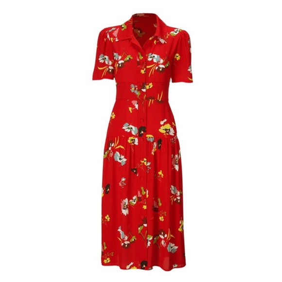 Cabi 6128 Afternoon Dress Midi Red Garden Floral Print Button Down - Picture 2 of 10